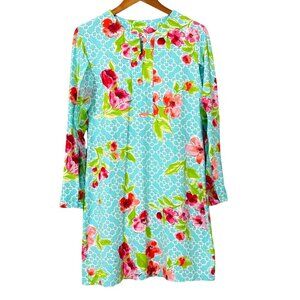 IBKUL Long Sleeve Dress Turquoise Multicolor Floral 1/4 Zip Resort UPF 50 Size L